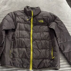 Boys North Face jacket dark grey with lime green trim